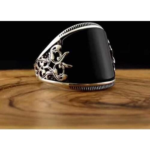 Fashion Black Hand Painted Ring Silver Plated Embossed Pattern Ring Retro Mens Accessories Cocktail Party Jewelry