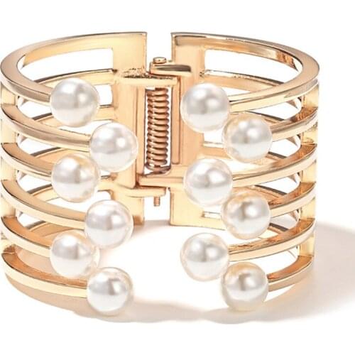 Fashion Super Wide Charm Bracelets For Women Vintage Simulated Pearl Cuff Bracelets & Bangles Gold Color Bracelet Femme Bijoux
