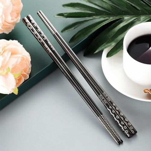 5/10Pairs Stainless Steel Cutlery Set Non-slip Chopsticks Length Black Flower Tableware Food Sticks Portable Reusable Chopsticks