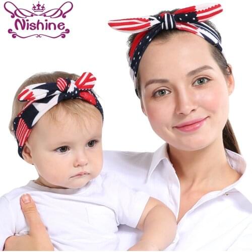 Nishine 2pcs/set Mom Rabbit Ears Hair Ornaments Tie Bow Headband Hair Hoop Stretch Knot Bow Cotton Headbands Hair Accessories