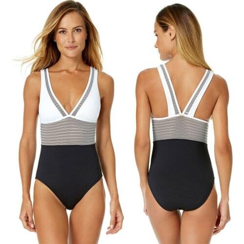 2019 New Style Fashion Hot Sexy Women One Piece Swimwear Vintage Striped Backless Patchwork Deep V Swimsuit