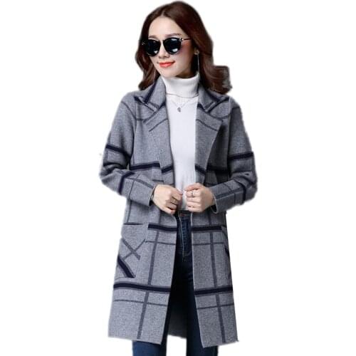 Autumn and winter new Korean casual large size medium and long knitted sweater cardigan thick checked womens loose sweater coat