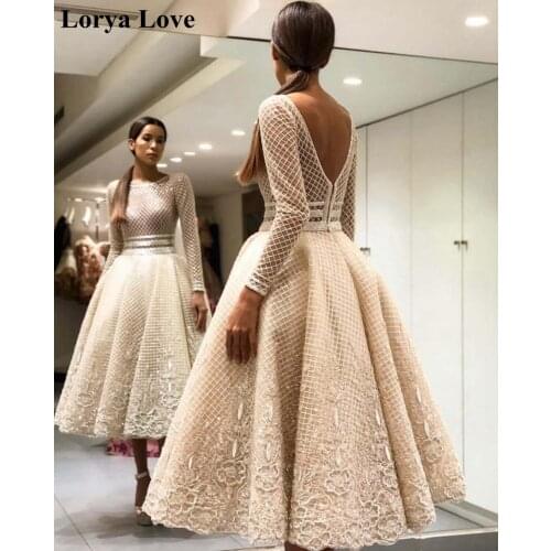 Champagne Long Sleeves Prom Dresses 2021 Women Formal Party Sexy Evening Dress Elegant A-Line Muslim Long Graduation Prom Gowns