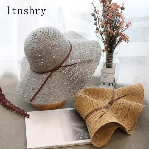 Fashion summer fashion Foldable Breathable Cotton Beach bow sun hats for Belt Women Beach Sun Hat Foldable Brimmed Straw Hat