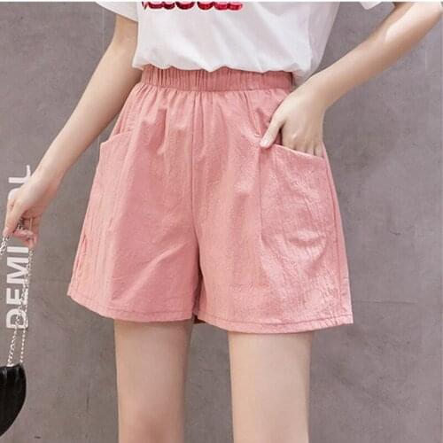 Summer Beach Street Casual Style Cotton Loose Shorts Women Fashion Solid Color Elastic High Waist Diagonal Pocket Shorts Pink