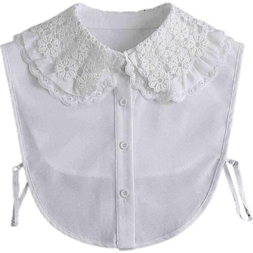 Women Multi Layered Lapel Faux Collar Vintage Doll White Half Shirt Blouse Dickey Hollow Out Embroidery Floral Crop Top