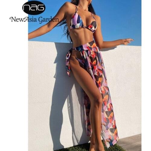 NewAsia Print Halter 3 Piece Bathing Suit Push up Brazilian Bikini Set Bandage Split Long Skirt Women Sexy Beach Swimming Suit