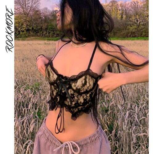 Rockmore Lace Y2K Aesthetic Crop Tops Women Sleeveless Tank Top Bow Zipper Corset Tee Vintage Gothic Camis 90s Streetwear Summer