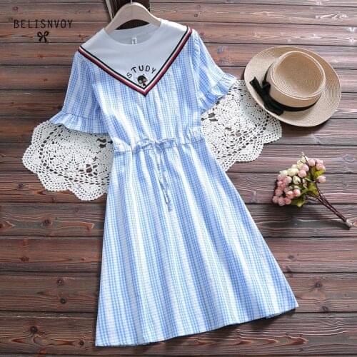 Preppy Style Summer Women Plaid Dress Casual Vestidos Femininos Embroidery Cat Short Sleeve Cotton Linen Vintage Dresses