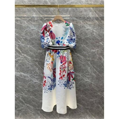 High Quality 2021 Summer New Womens Elegant Temperament Printed Striped Waist Puff Sleeves Women Dress