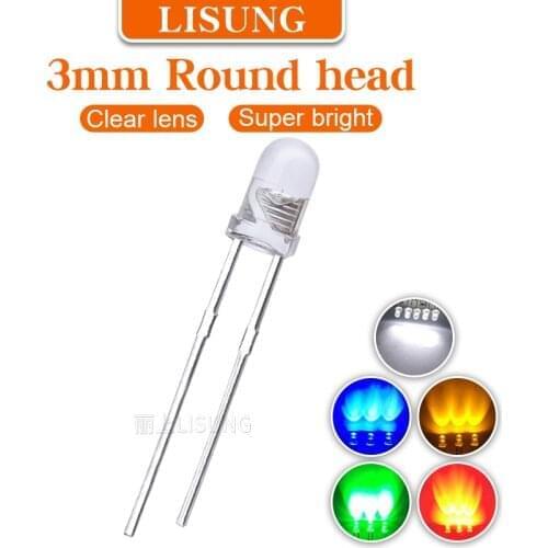 1000Pcs/Bag Ultra Brightness 3mm Led Diode Round Clear Lens White Green Blue Red Yellow High Luminous Through Hole Package