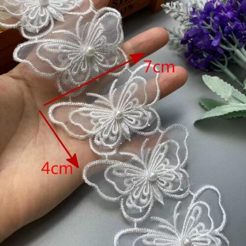 10X 3D White Pearl Double Layer Lace Trim Ribbon Mesh Bowknot Embroidered Applique Fabric DIY Wedding Dress Sewing Supplies 7CM
