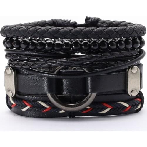 Black Circle Feather Men Bracelets 5pcs/set Wristband Fashion Rope Wrap Cuff Bangle Leather Bracelets Women Jewelry Accessories