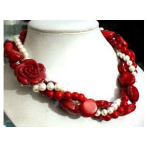 White Akoya Cultured Pearl & Red Coral With Flower Clasp Necklace 18"