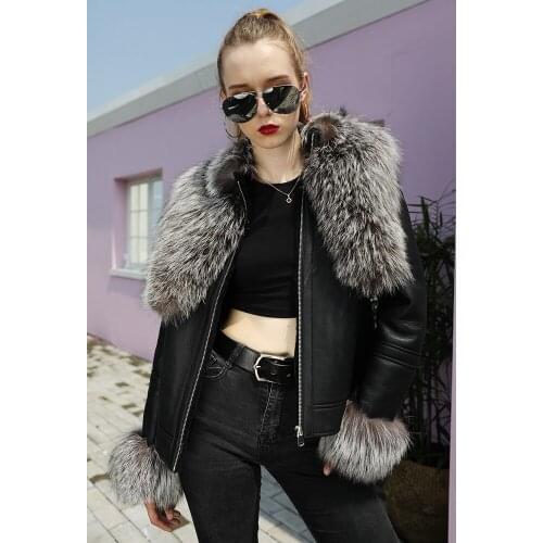 Free Shipping Genuine SheepSkin Leather Jacket With Silver Fox Fur Luxury Women Double Face Fur Leather Coat