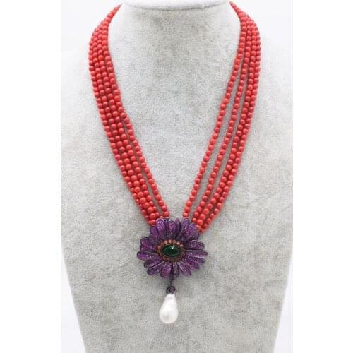 4rows red /pink coral round 4-5mm &zircon flower freshwater pearl white baroque beads necklace 18"