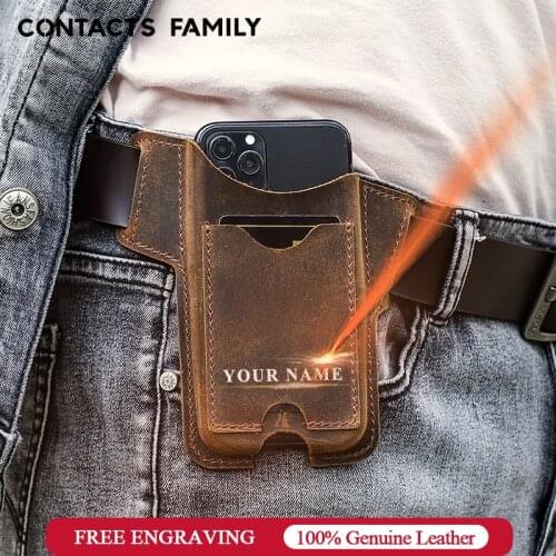 CONTACTS FAMILY 100% Cow Leather Phone Case for iPhone 12 Men Cellphone Loop Holster Case Belt Waist Bag Purse Phone Wallet