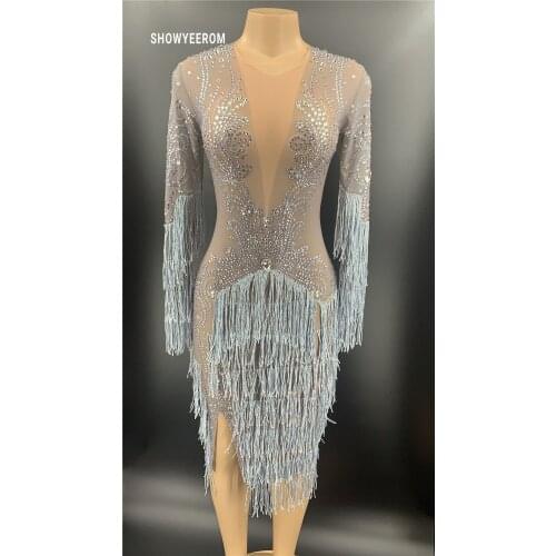 Birthday Tassel Sexy Silver Rhinestones Fringes Dress Prom Evening Performance Outfit Singer Dancer See Through Mesh Dress