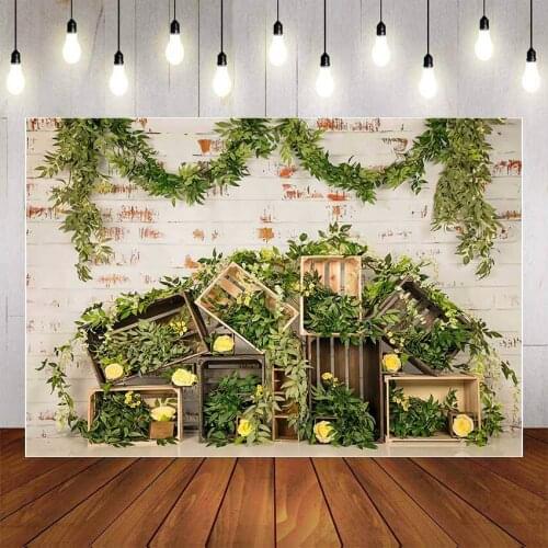 Mehofond Photography Background Green Plant Spring White Brick Wall Flowers Baby Shower Birthday Backdrop Photo Studio Props