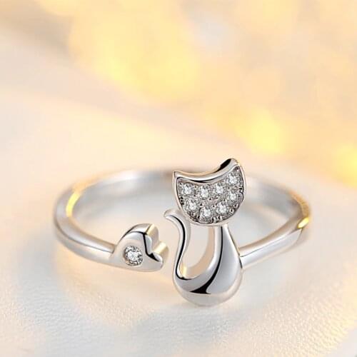 H:HYDE New Lovely Cat Shape Clear Crystal Inlaid Women Girl Opening Ring Party Jewelry Adjustable Wedding Rings bague