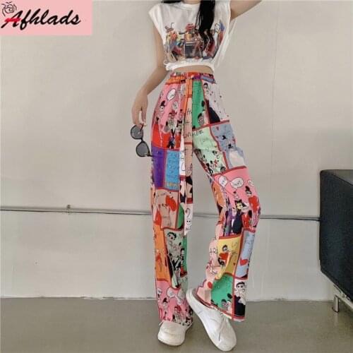 Summer New Style Printed Outfits Graffiti Vest Sleeveless Tops + Elastic Waist Wide Leg Pants Streetwear Two-Piece Sets