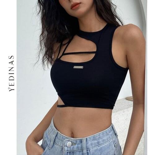 Yedinas Summer Irregular Tank Top Women Hollow Out Patchwork Crop Top Chic Desgn Sexy Slim Black Party Tops Korean Streetwear