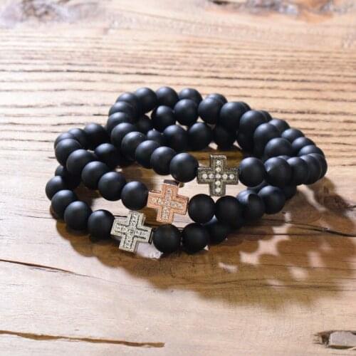 Fashion Luxury CrossCZ Zirconia Black Matte Bracelet Micro Zircon Stone Women Men Beaded Elastic Strand 8mm bead Bracelet MBC04