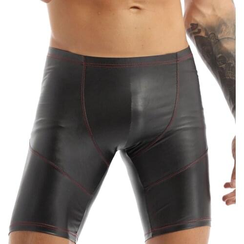 Men Sexy Latex Pants Wetlook Black Faux Leather Shorts Tight Leggings Sport Workout Gym Beach Party Bikini Bottoms Size M-2XL
