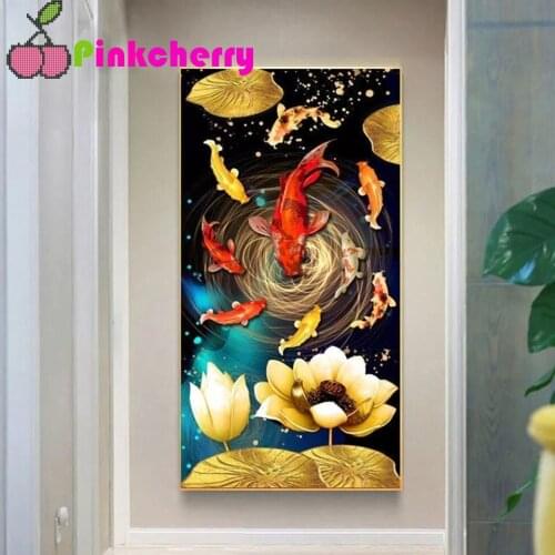 Chinese Koi Fish DIY Diamond Embroidery d Diamond Painting Mosaic Kits Sale Lotus Flowers Picture Of Rhinestones Wall Art k1449