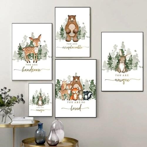 Bear Fox Deer Rabbit Forest Wall Art Canvas Painting Animal Nordic Posters And Prints Wall Pictures For Girl Boy Kids Room Decor