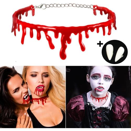 New Fashion Blood Choker Necklace Vampire Teeth Fangs Dentures Halloween Costume Props Women Chokers Necklaces Halloween Gift