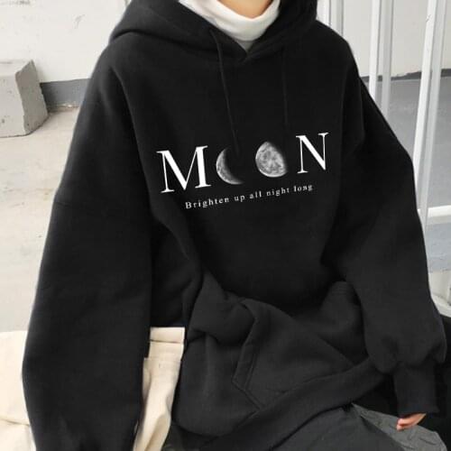 Solid Hoodies MOON Women Clothing Polyester Blouses Bottoming Long Sleeve Tops Loose Pocket Sweatshirt Girl Casual Pullover