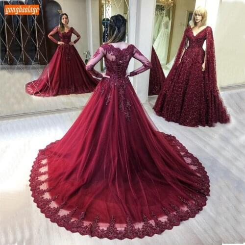 Luxury Burgundy Evening Gowns Long Sleeves Appliqued Beaded Lace Up Satin Elegant Women Dresses Party 2020 Sukienka Wieczorowa
