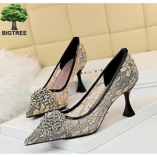 Lace Mesh Rhinestone Flower Pumps Women Shoes Shallow Mouth Pointed Toe Sexy Wedding Shoes Banquet High Heels 2020 Autumn New