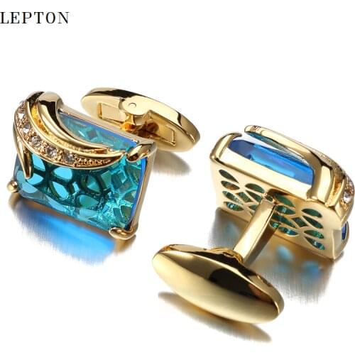Low-key Luxury Blue Glass Cufflinks for Mens Lepton Brand High Quality Square Crystal Cufflinks Shirt Cuff Links Relojes Gemelos