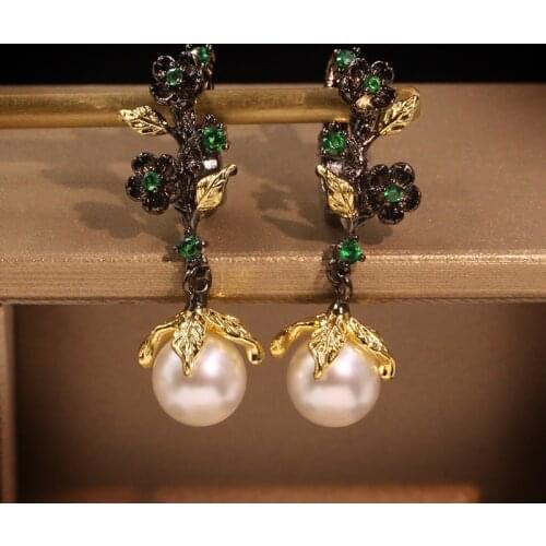 CIZEVA Italy Jewelry Delicate Freshwater Pearl Earrings for Women Retro Branch Leaves Black Gold Filled Drop Earrings