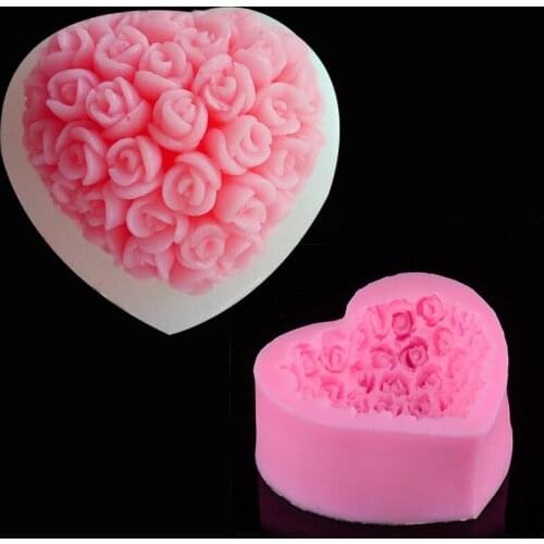 Aomily 3D Rose Flowers Silicone Chocolate Mould Heart Love Soap Mold Candle Polymer Clay Molds Crafts DIY Forms Soap Base Tool