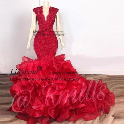 Dark Red Cascading Ruffles Prom Dresses Mermaid Lace Beaded Organza V-neck Evening Gowns Cocktail Party Dresses robes de soirée