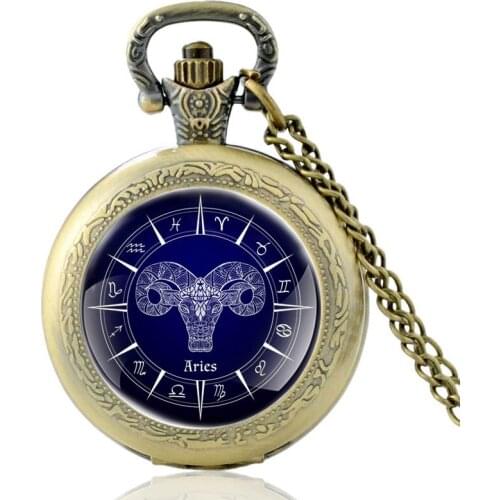 Twelve Constellations Aries Vintage Quartz Pocket Watch Unique Pendant Clock Watch Men Women Necklace Gifts