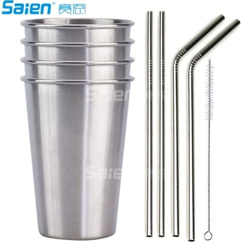 Premium Stainless Steel Cups 16oz Pint Cup Tumbler (4 Pack) By Greens Steel - Premium Metal Cups - Stackable Durable Cup