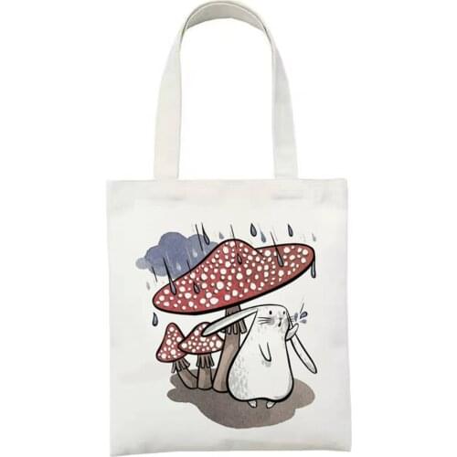 Mushroom Cartoon Pattern Printing College Canvas Shoulder Bag Fashion Cartoon Print Large Capacity White Totes Print Bags