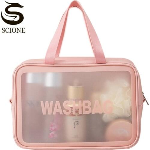 Womens Cosmetic Bags PVC PU Portable Travel Bag Transparent Waterproof Wash Bag Storage Organizer Makeup Beauty Case XA302M