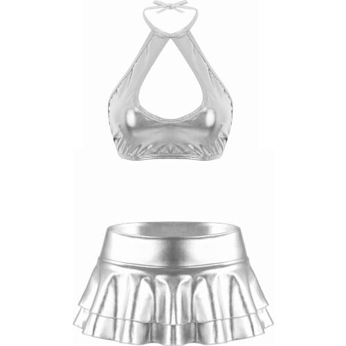 Women Shiny Faux Leather Sexy Crop Tops Sleeveless Halter Neck Strappy Lingerie Low Rise Double Layered Ruffle Skirts Exotic Set