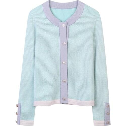 Runway Spring Sweet Elegant Striped O-Neck Long-Sleeved Blue Knitwear Cardigan Jacket 2021 New Women Brand Design Clothes
