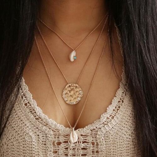 Bohemian Sea Shell Multi layer Necklaces For Women Girl Fashion Crystal Disc Long Pendant Necklace Collar Jewelry Gifts