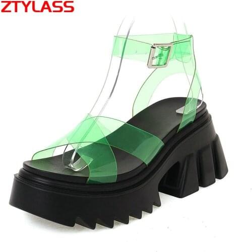 2021 New Summer Open Toe Transparent Sandals Women Platform Thick High Heel Sandals Fashion Buckle Green Yellow Party Shoes
