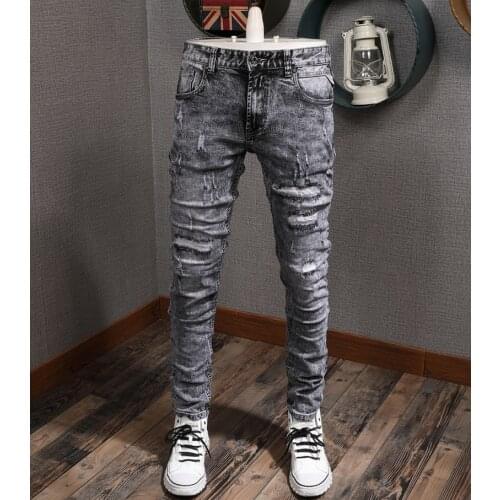 2021 New Fashion Streetwear Retro Gray Washed Slim Fit Ripped Jeans Men Patchwork Elastic Pants Vintage Designer Jeans Homme