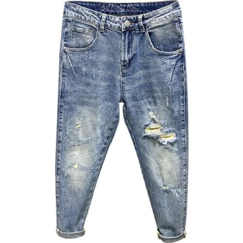 Hip Hop Jeans Men Light Blue Stretch Harem Pants Destroyed Moto Biker Jeans Mens Cropped Trousers Top Quality Pantalones Hombre