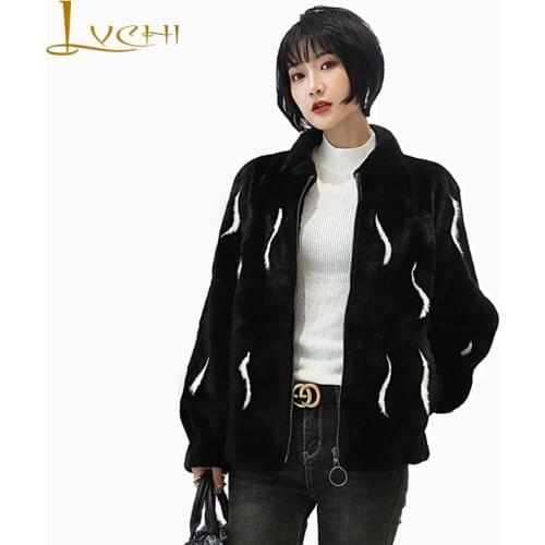 LVCHI Winter 2019 Import Crown Velvet Real Mink Fur Coats Womens Full Pelt O-Neck Black Causal Print Feathers Mink Fur Coats