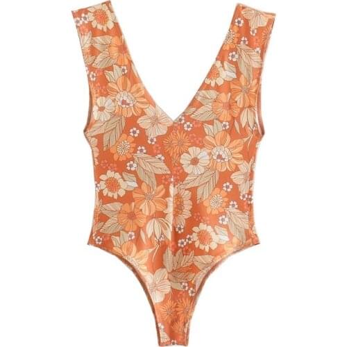 ZXQJ Women 2021 Sexy Fashion Flower Print Slim Bodysuits Vintage V Neck Sleeveless Female Playsuits Chic Tops